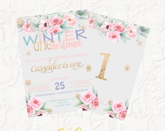 Winter Onederland Invitation, Girl Birthday Invitation, First Birthday Invitation, Floral Birthday Invitation, Pink and Gold, Digital File