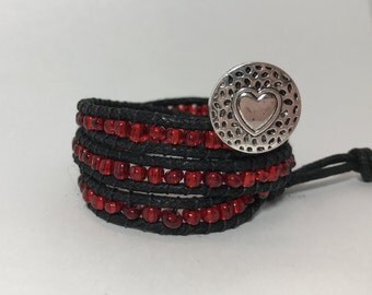 Chan Luu Style Bracelet, Black & Red Wrap Bracelet, Beaded Wrap Bracelet