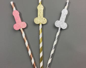 10+ Bachelorette Party Glitter Penis Straws - Party Decor - Wiener, Last Fling before the Ring, Dirty Thirty, Gold Metallic, Gold Glitter