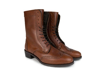 Women Handmade Combat Ankle Leather Boots in Caramel Leather With Heel Sole. Handmade Leather Boots
