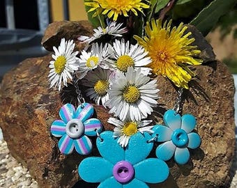 Flower Pink and blue (button) necklace made of polymer clay