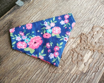 Dog Bandana, floral, flannel slide on bandana, spring, pet accessory, stocking stuffer, dog lover, cats, navy, Pink Flowers
