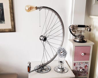 Bicycle wheel desk lamp, gift for guys, bike parts lamp, bicycle rim lamp, edison bulb