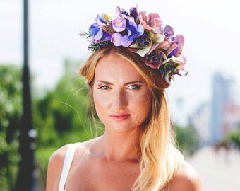 Purple Floral Headpiece / Bridal Flower Headband Purple Flower Crown Boho Wedding Crown Flower Halo Head Wreath