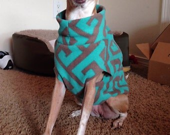Turquoise Greek Key Italian Greyhound Anti-Pill Fleece jacket. Dog Sweater. Dog Clothing. Italian Greyhound Clothing. Dog Apparel. Greyhound