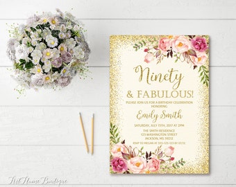 90th Birthday Invitation, Any Age Women Birthday Invitation, Floral Ivory and Gold Women Birthday Invitation, Boho Birthday Invite, #BW23-90