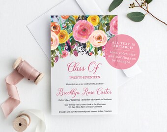 Floral Graduation Announcement Template, Editable Invitation PDF, Class Of Printable, Instant Download, MAM106_55