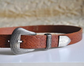 Tooled leather belt | Etsy