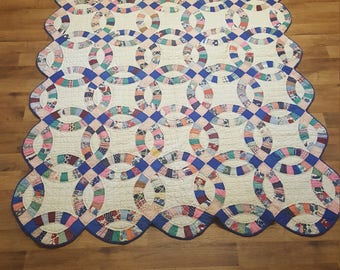 antique handmade double wedding ring quilt 62 x 90 white blue and pink 1930s cottage - Wedding Ring Quilt antique handmade double wedding ring quilt 62 x 90 white blue and pink 1930s cottage - Wedding Ring Quilt