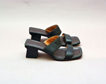 vintage black leather stack heel 90's sandals minimalist slip ons 1990's chunky thick wood heel shoes 7 7.5