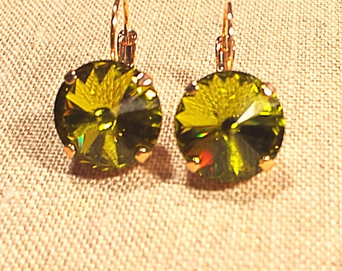Sparkly green olivine Swarovski crystal drop dangle elegant lever back earrings with rose-gold plated prong settings and lever-back closures