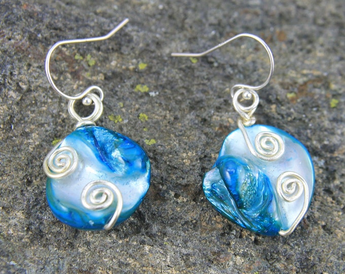 Blue Shell Earrings and Pendant Set Wire Wrapped in Silver Wire with Spiral Accents, BoHo Hippie Beach Jewelry, Gift for Her