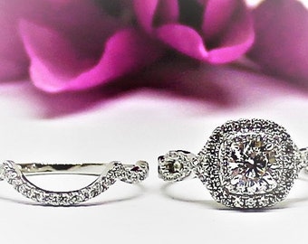 Wedding Ring set, Princess cut ring, Double Halo, Infinity pave band, Sterling,Princess cut, ring guard,BELLA