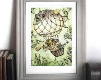 Wall art, art print, wall decor, vintage scuba diver, kunstdruck