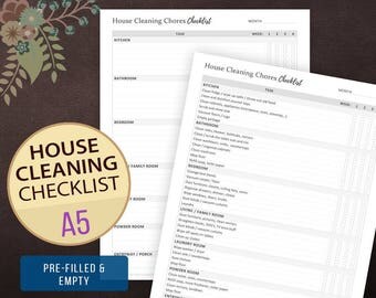 House Cleaning Chores Checklist, Weekly Cleaning Checklist, Chore Chart, House Cleaning, House Keeping, Cleaning List A5, Filofax, Kikki K