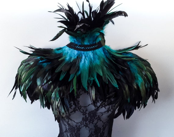 Feather epaulettes - large black teal feather shoulder pads steampunk ...