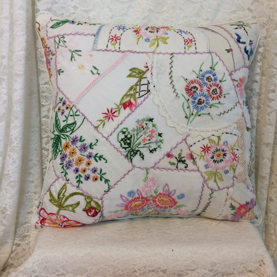 Handmade Vintage Linens Patchwork Pillow Hand-Stitched