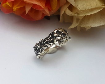 Women Skull flower ring, Silver Skull ring, women fashion skull silver,sterling silver,black