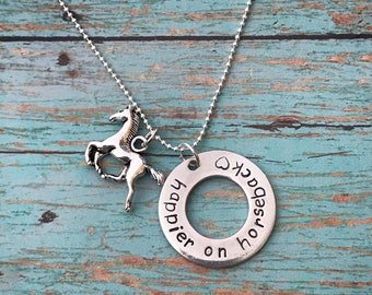 Hand stamped pewter horse necklace - gift for horse lover - horseback riding necklace - happier on horseback