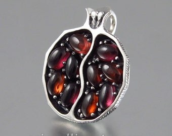 Small JUICY POMEGRANATE garnet silver pendant - Ready to ship