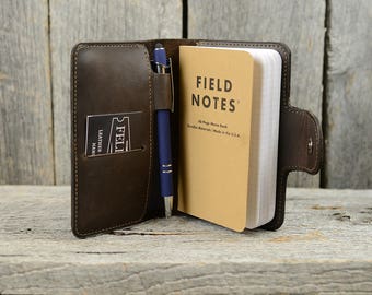 Handmade Leather Memo Book Cover with Personalized Initials, Pen Holder, Card Slot - Field Notes, Moleskin, Journal, Notebook Case
