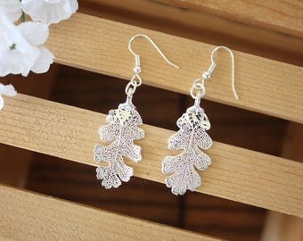 Silver Leaf Earrings, Oak Leaf, Real Leaf Earrings, Small Real Leaf Earrings, Lacey Oak, Sterling Silver, Nature, LESM166