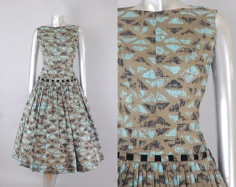 Natlynn Originals tiki print dress | 1950s novelty print dress | vintage 50s dress