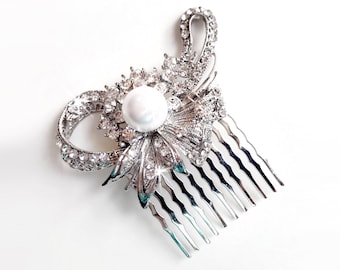 Crystal Flower Hair Comb - Floral Pearl Bridal Comb - Vintage Style Hair Piece - Silver Rhinestone Brooch Comb - Pearl Hairpiece