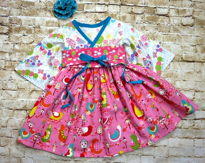Girls Cotton Summer Dress - Toddler Clothes - Tea Party Birthday - Pretty Pink Dresses - Birds - Boutique Kimono Dress - 2T to 7 years