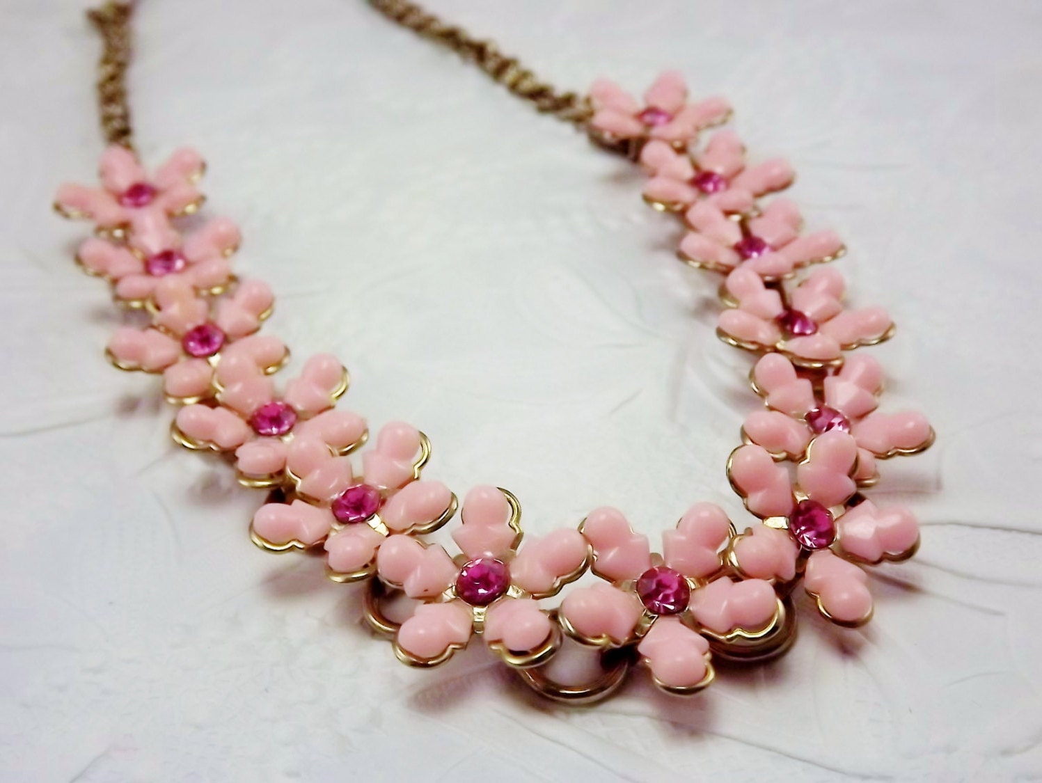 Pink Flower Necklace Statement Necklace Rhinestone Flower