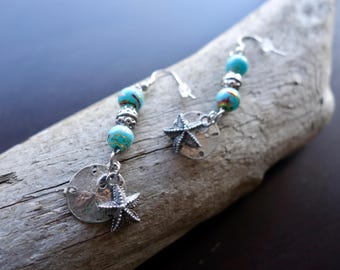 Sand Dollar and Starfish Bead Earrings | Blue and Silver Dangles