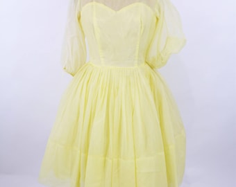 1950s party dress | AS IS yellow sheer sleeve cocktail full skirt dress | vintage 50s dress | W 27"