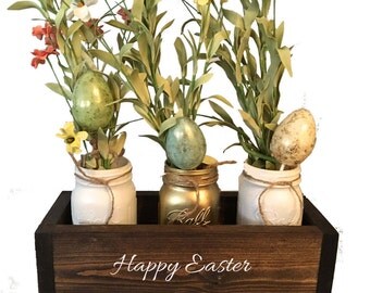 Easter centerpiece, mason jar decor, spring table decor, mantle decor, planter box, wooden table box, farmhouse decor, Easter decor