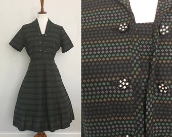 Mode O'Day Vintage 1950s Dress | Green Black Polka Dot | Never Worn | Large | Bust 42" | Waist 34"