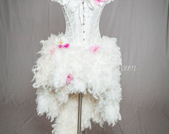 Ready to ship size small LIGHT UP Ivory and Hot Pink daisy Burlesque Corset Feather Dress short in the front long train in the back