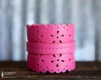 CUSTOM HANDSTAMPED CUFF - bracelet - personalized by Farmgirl Paints - hot pink cuff with floral cutouts and scalloped edge