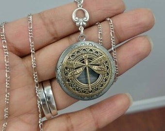 Dragonfly Locket Necklace - antique silver and brass locket.