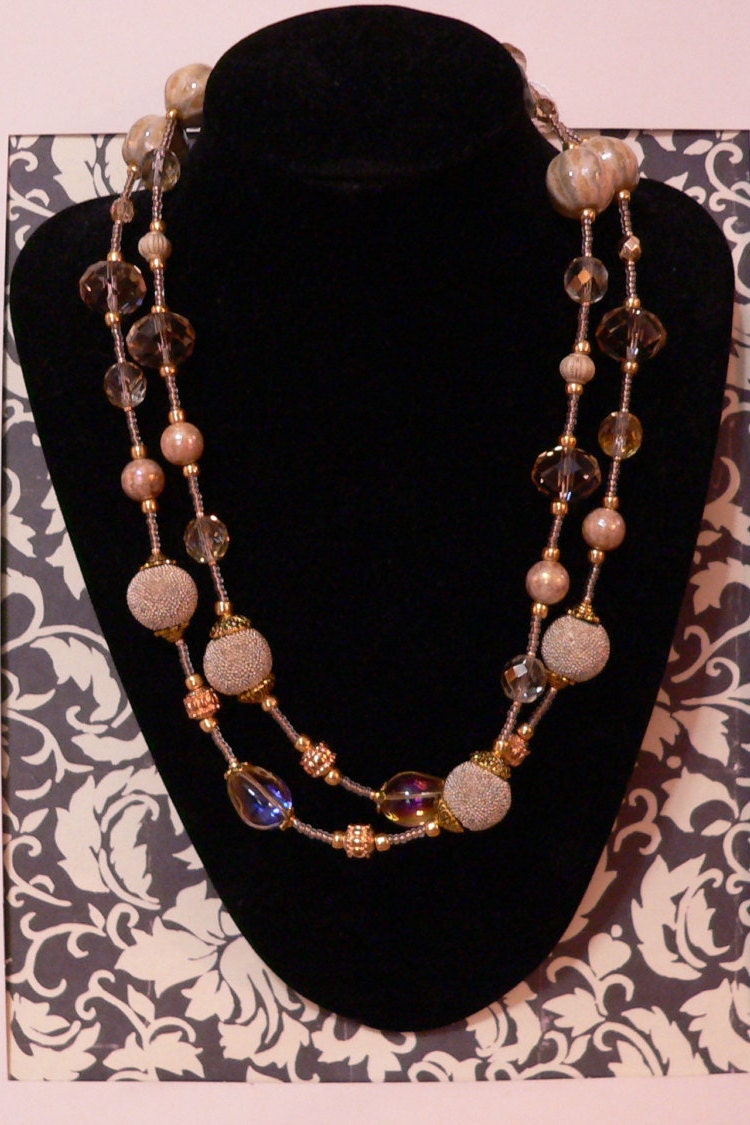 Long necklace beaded necklace statement necklace beige and