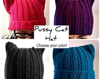 Pussycat Hat, Crochet Cat Hat, Cat Ear Beanie, Women's Pussycat Hat, Women's March Hat, Made to Order