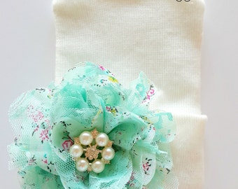NEW Chiffon and Lace flower Beanie, Newborn Beanie, Hospital Beanie, girl beanie, newborn hat, Mint, Vintage Flower beanie