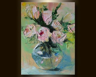 Rose Floral Canvas Modern Flower Oil Painting Textured Palette Knife Original Art Pink Roses 12X16 by Willson Lau