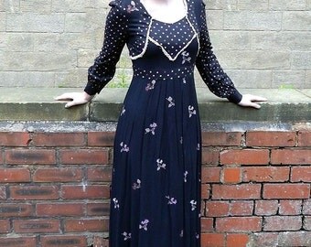 Vintage 1960s Louis Caring Black Floral Spotted Maxi Dress UK Size 8/10