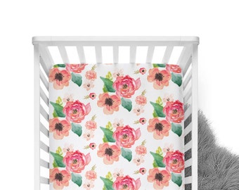 Fitted Crib Sheet Floral Dreams White- Coral Crib Sheet- Floral Crib Sheet- Baby Bedding- Coral Crib Bedding- Organic Sheet-Soft Minky Sheet