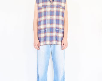 90s Cut Off Sleeve Plaid Utility Shirt