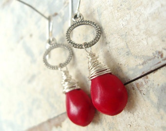 Red Coral Earrings.Red Earrings.Sterling Wire Wrapped Red Briolette Earrings. Red Dangle Earrings. Red Coral Jewelry. Red Jewelry.
