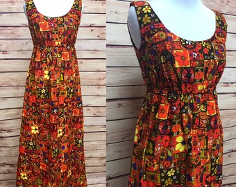 Vintage Hawaiian Pomare Tahiti Luau Floral Maxi Dress 70s Medium