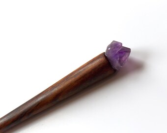 Wooden Hair Stick, Hair Pin, Haarstab, Hair Fork, Palisander Wood, Natural Purple Amethyst Crystal, Designed and Handmade by MariyaArts