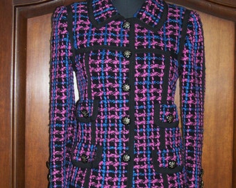 Adolfo jacket,black/pink/blue woven wool boucle,size 6