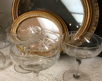 Champagne Glasses Cut Crystal Flowers Marie Antoinette Wedding Bride Groom Vintage (8pc)
