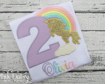 Girls Birthday Shirt - Rainbow Unicorn Birthday Shirt - Pink Gold Unicorn Silhouette - Pastel Rainbow - Appliqué Shirt - Embroidered Shirt